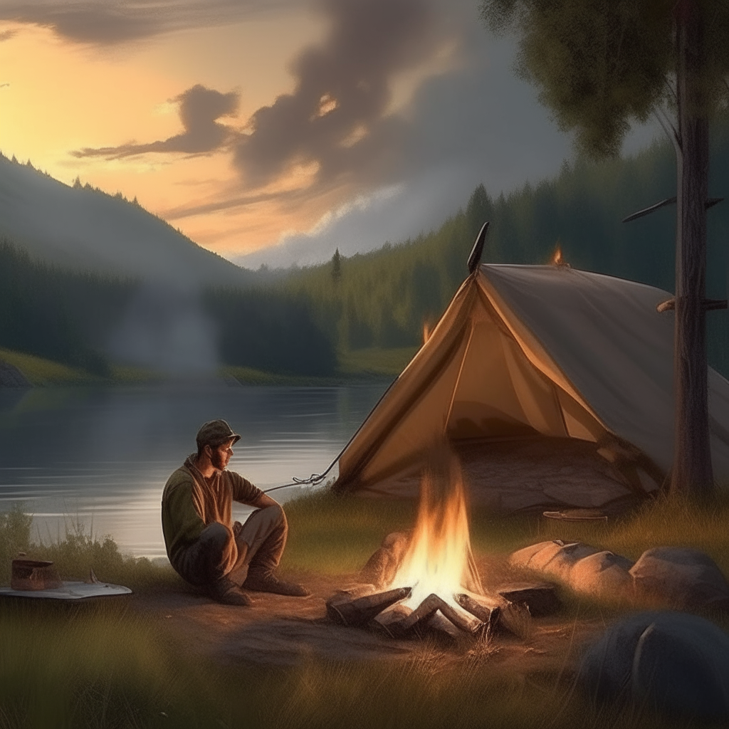 man by the fire, in the background a tent, trees, meadow, river and hills. very realistic display of details in high resolution