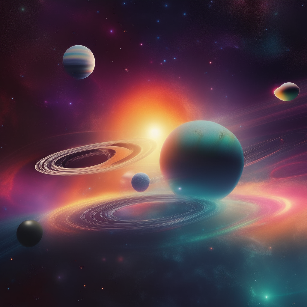 A CD floating through an alien star system, with colorful planets and a nebula in the background