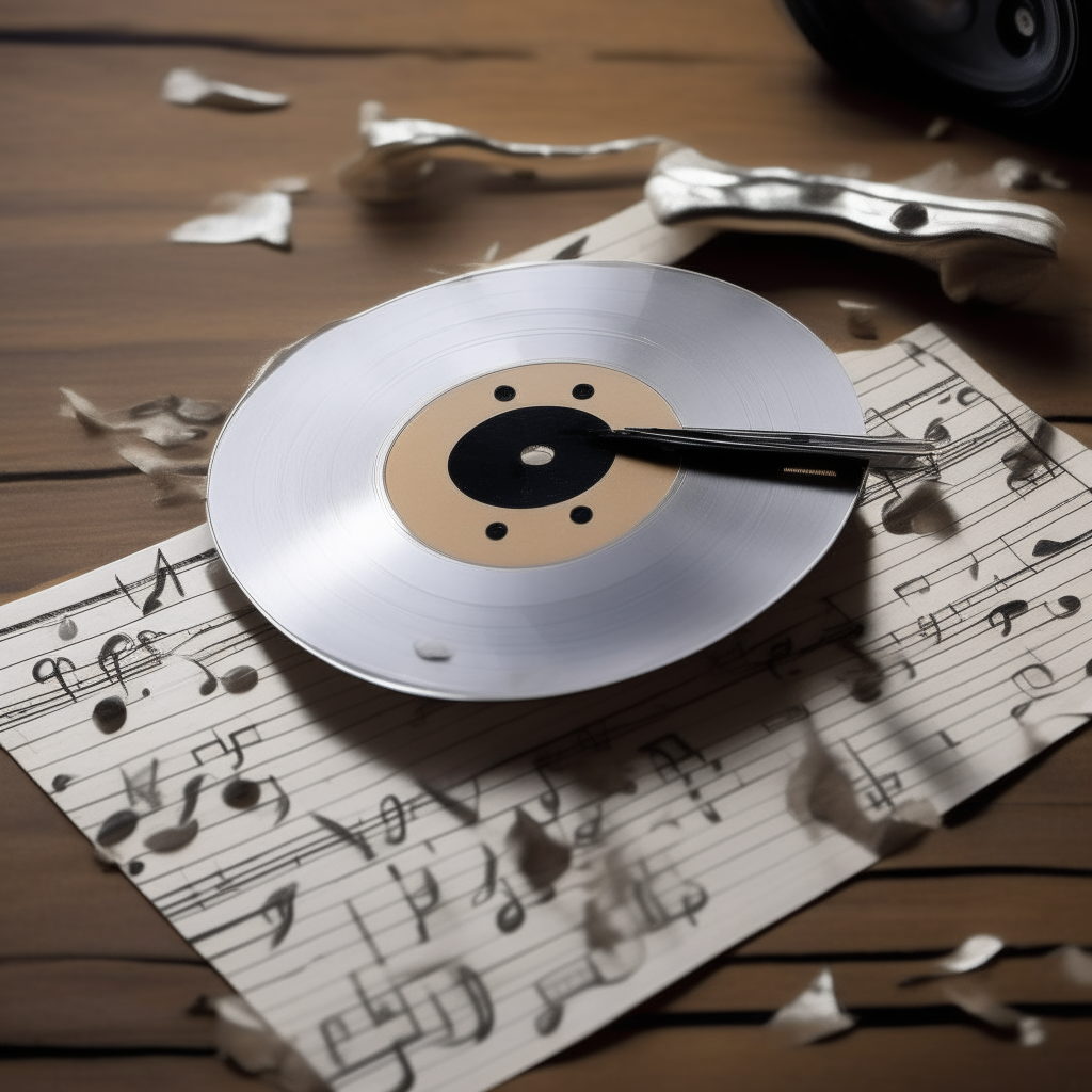 A CD on a table with music notes scattered around
