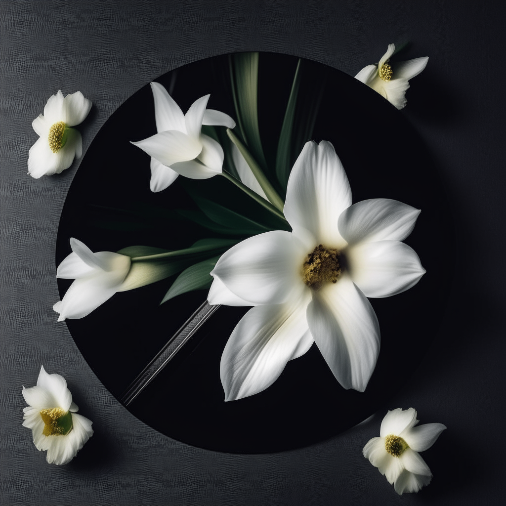 A black CD with a bouquet of white lilies on the front