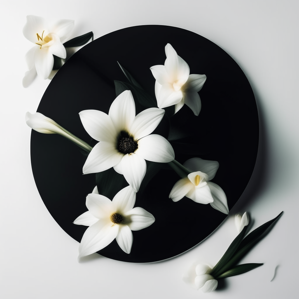 A black CD on a plain white background, with a bouquet of white lilies to one side
