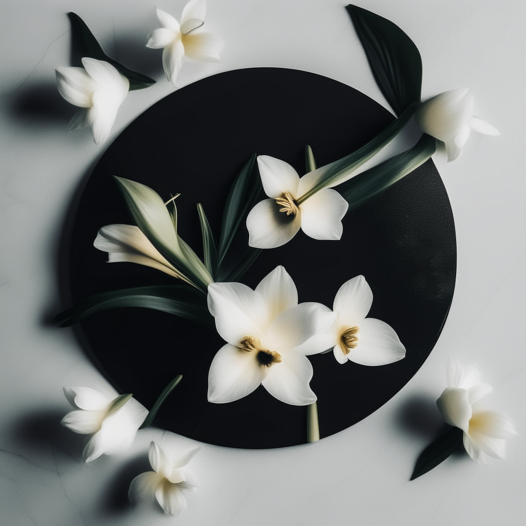 A black CD on a textured gray background, with a bouquet of white lilies to one side