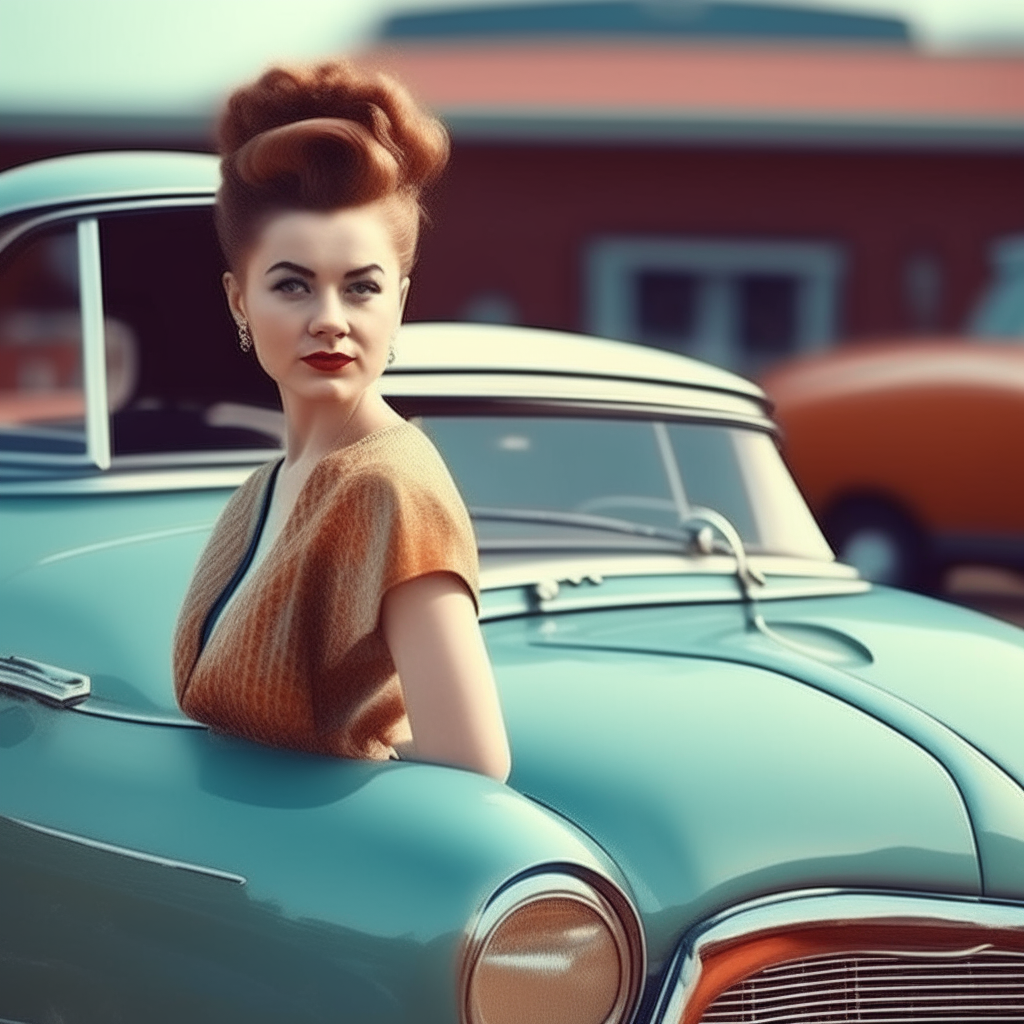 Prompts:
pixar hyperrealistic image of "Made in the 60s"    classic car. 35 year old woman messy bun hair. dress in 50"s style. posing front of car