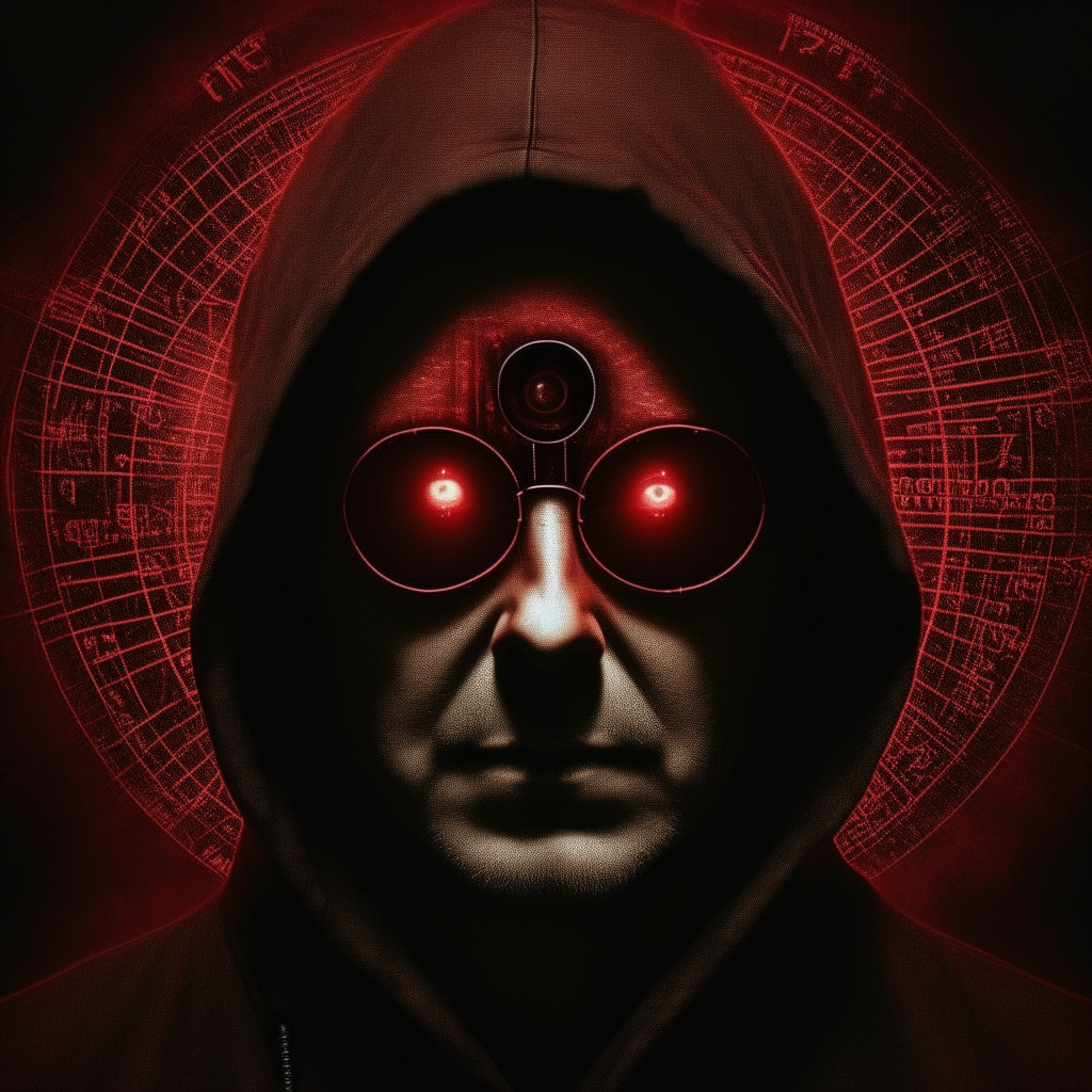 The Zodiac Killer with glowing red eyes and an eerie background