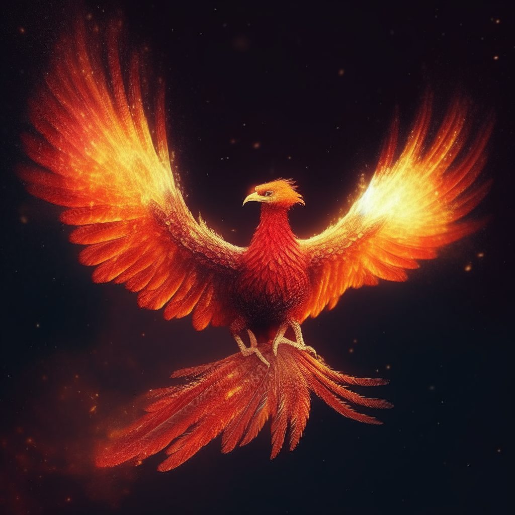 A majestic phoenix with red, orange and yellow feathers emerging from flames, her wings spread wide against a night sky filled with stars. The flames glow brightly but do not burn her. 4k resolution, photorealistic.
