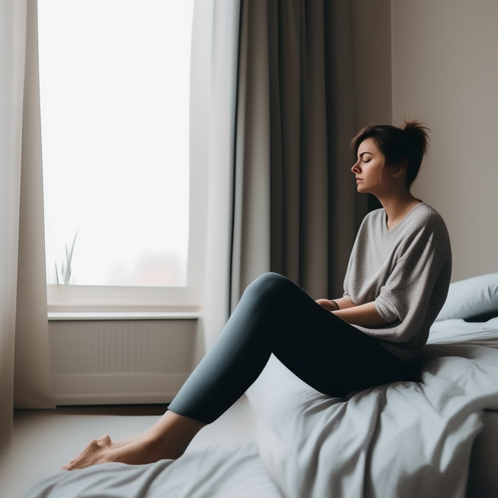 A person sitting on a bed holding their legs, looking into the distance