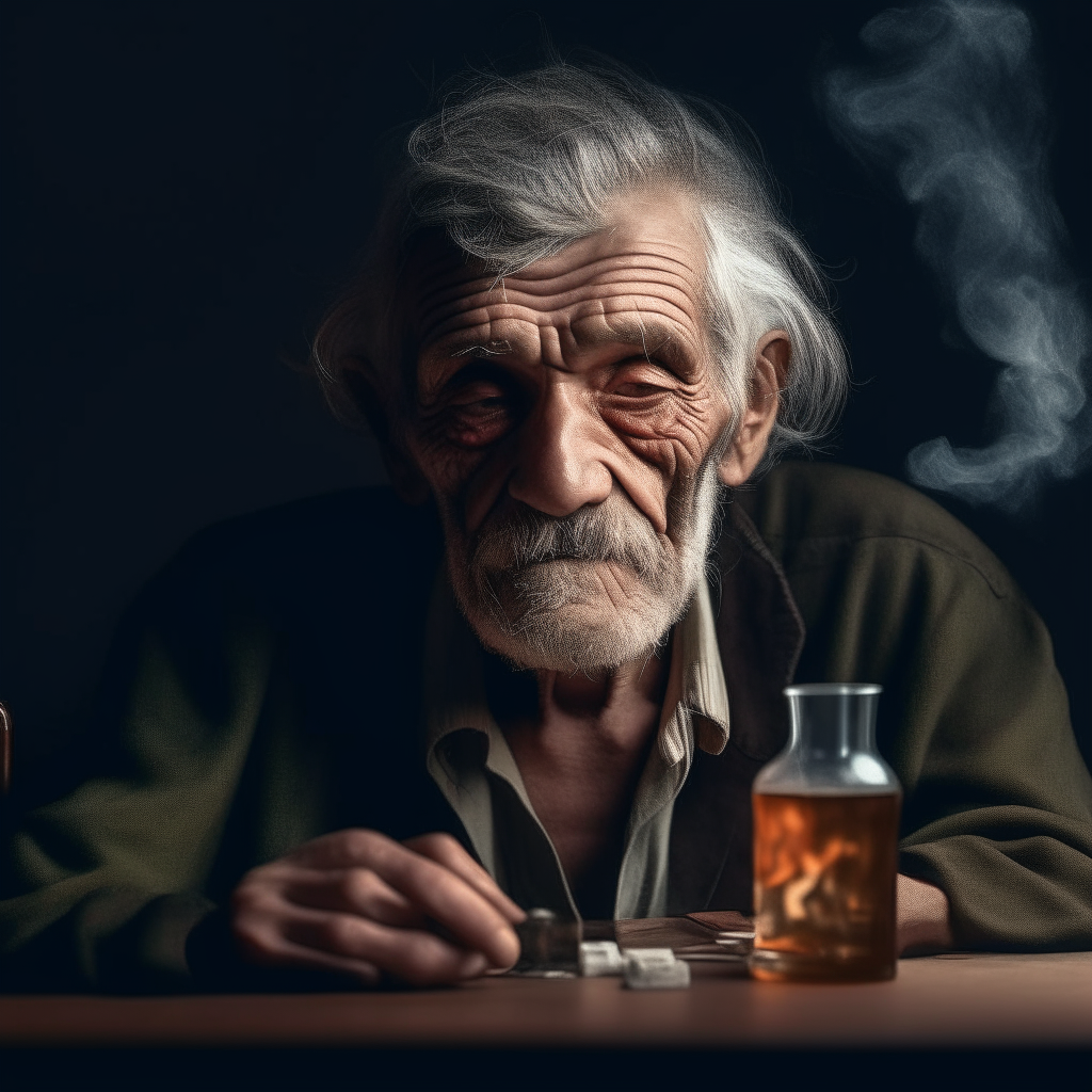 detail of the face of an alcoholic - old wrinkled man
behind a table with a bottle of alcohol and a smoking cigarette in an ashtray