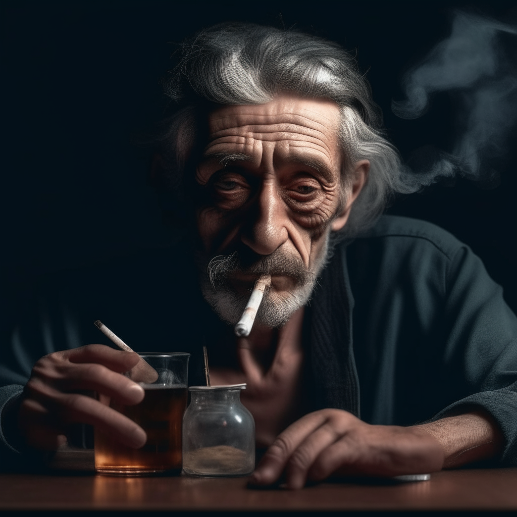 close-up of the face of an alcoholic, wrinkled man
behind a table with a bottle of alcohol and a smoking cigarette in an ashtray