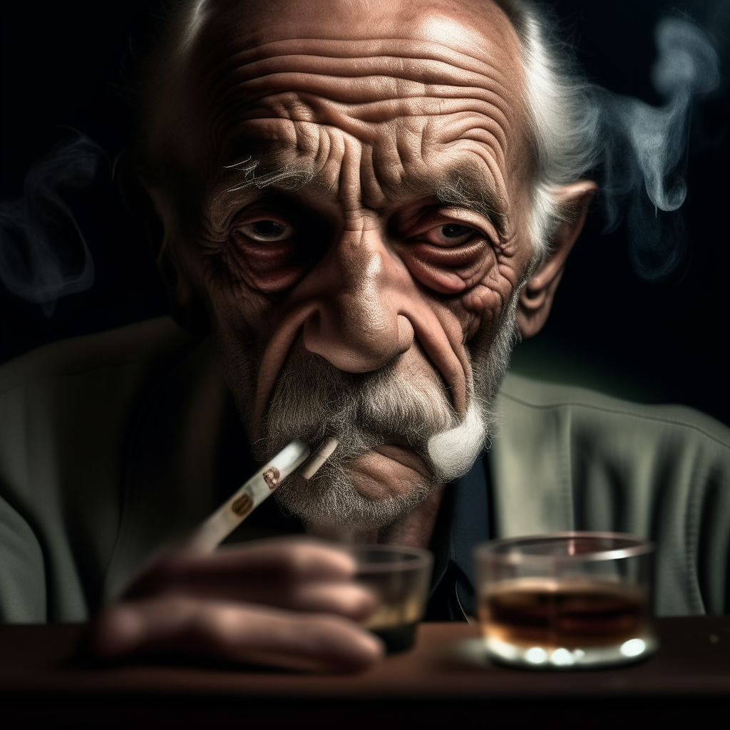 close-up of the face of an alcoholic, wrinkled man
behind a table with alcohol, cigarette smoke envelops the entire image