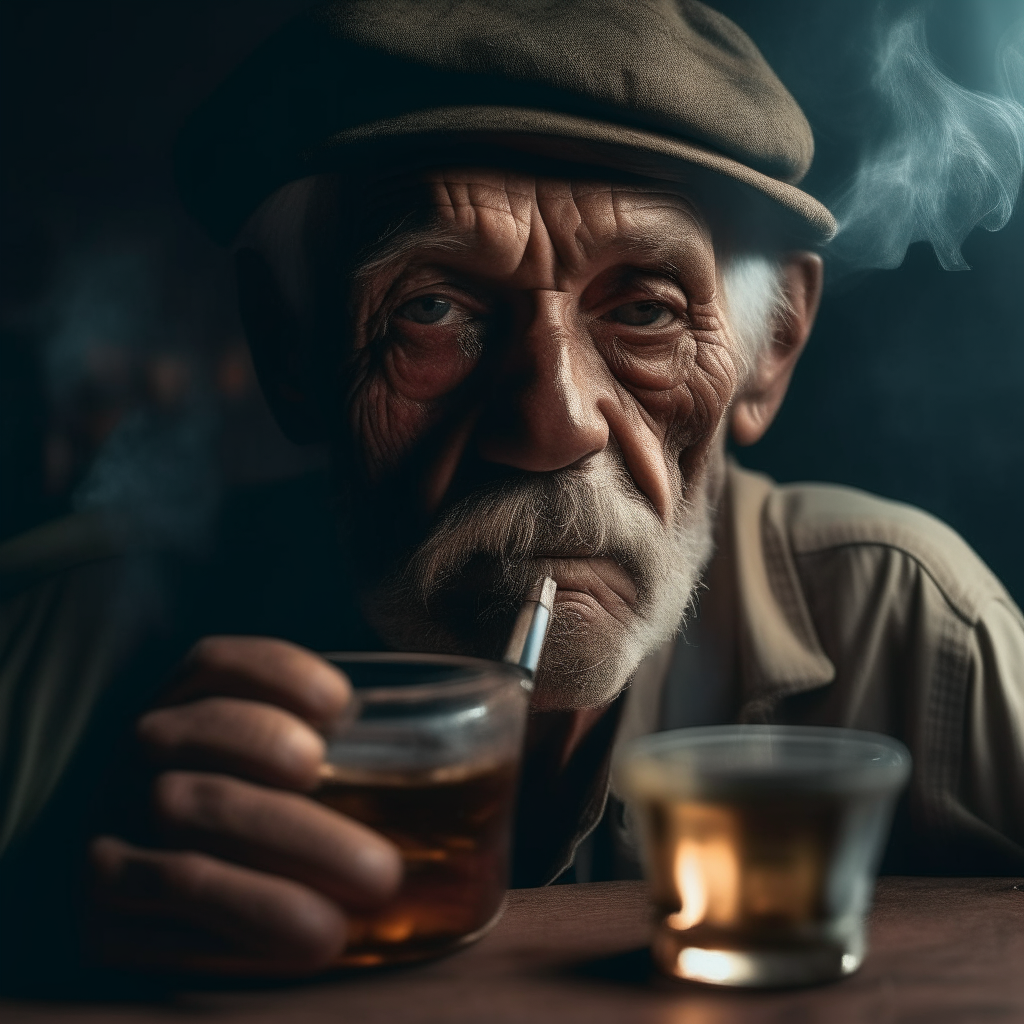 close-up of the face of an alcoholic, wrinkled man
behind the table, a bottle of Rum, cigarette smoke covers the whole picture