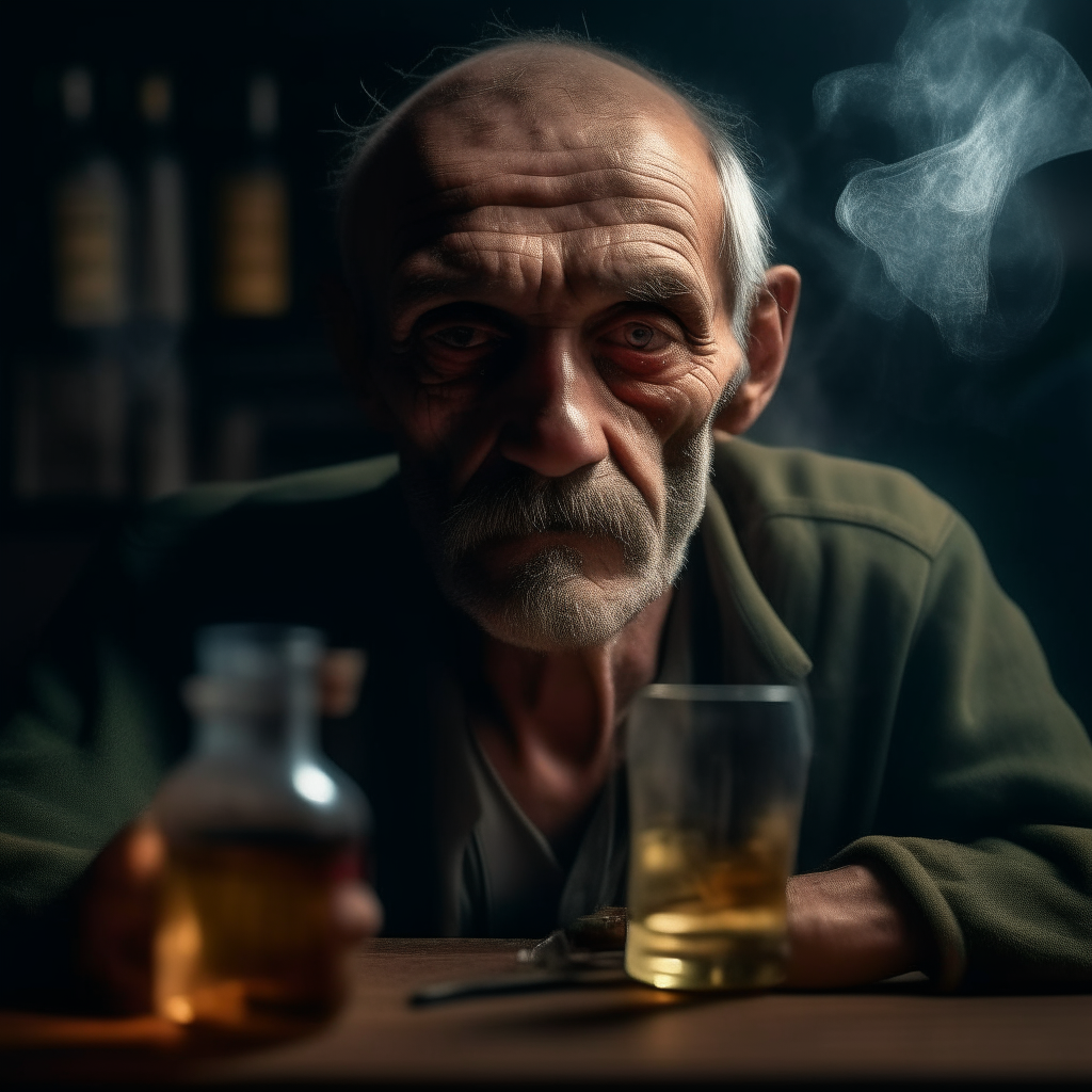 detail of the face of an alcoholic 40-year-old man looks like an old man
behind the table, a bottle of Rum, cigarette smoke covers the whole picture