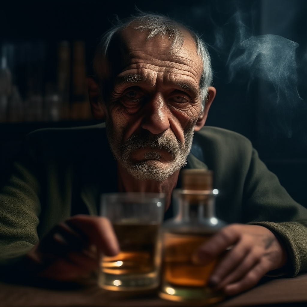 detail of the face of an alcoholic 40-year-old man looks like an old man
behind the table, a bottle of Rum, cigarette smoke covers the whole picture