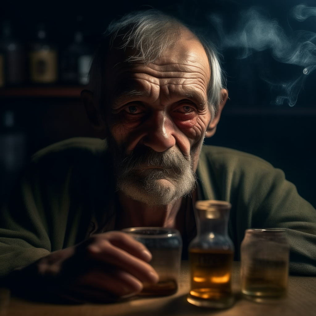 detail of the face of an alcoholic 40-year-old man looks like an old man
behind the table, a bottle of Rum, cigarette smoke covers the whole picture