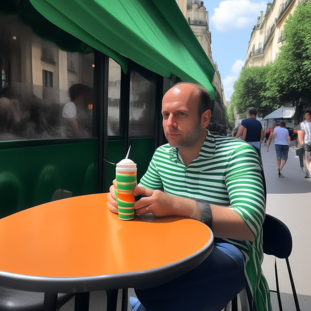 A man wearing a striped shirt sits outdoors at a small round table in front of a Parisian café. In front of him is a green smoothie with spiraled mint leaves and chunks of mango. In the background, pedestrians walk along the sidewalk under large awnings.