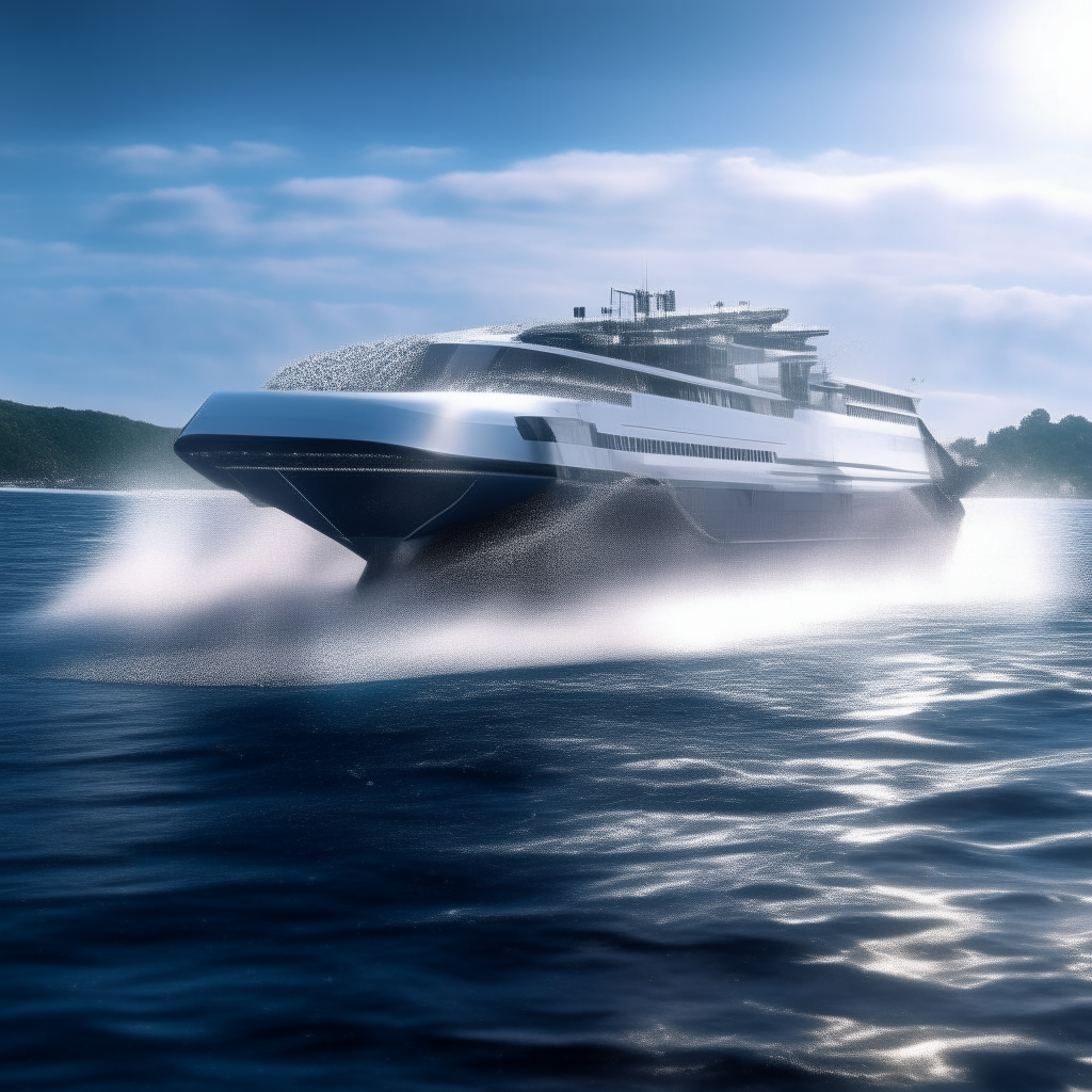 A clear wheeled ship sailing smoothly on calm, flat water. Its electric motors are exposed on the hull, with droplets of water spraying out behind it in the ship's wake.