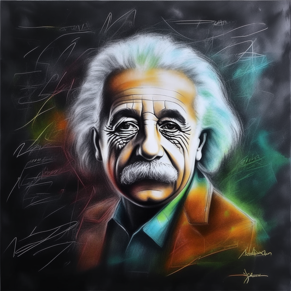 A pen-painted drawing of a mini Albert Einstein painting on a blackboard