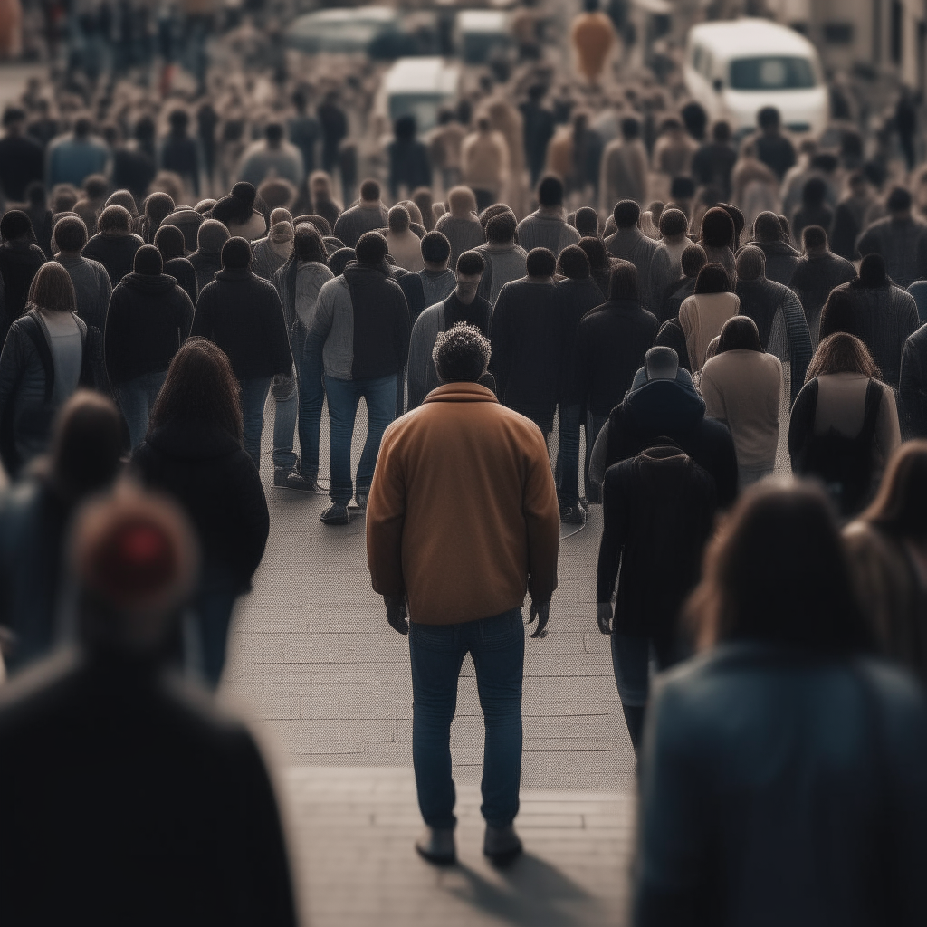 a person walks against a crowd of people