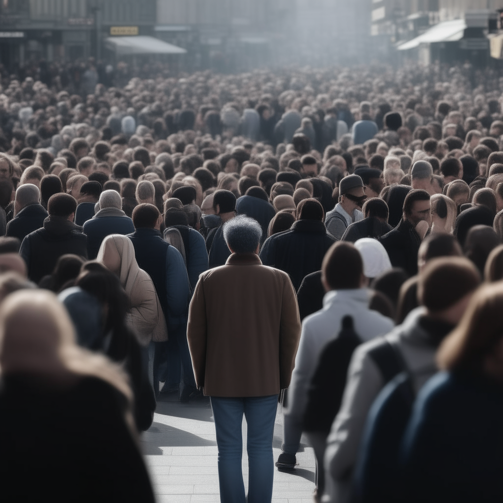 one person walking in front of a large crowd of people