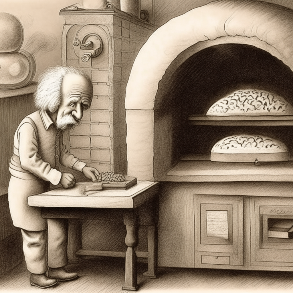 Create a hand drawing of one of a mini Albert Einstein looking at a bread oven