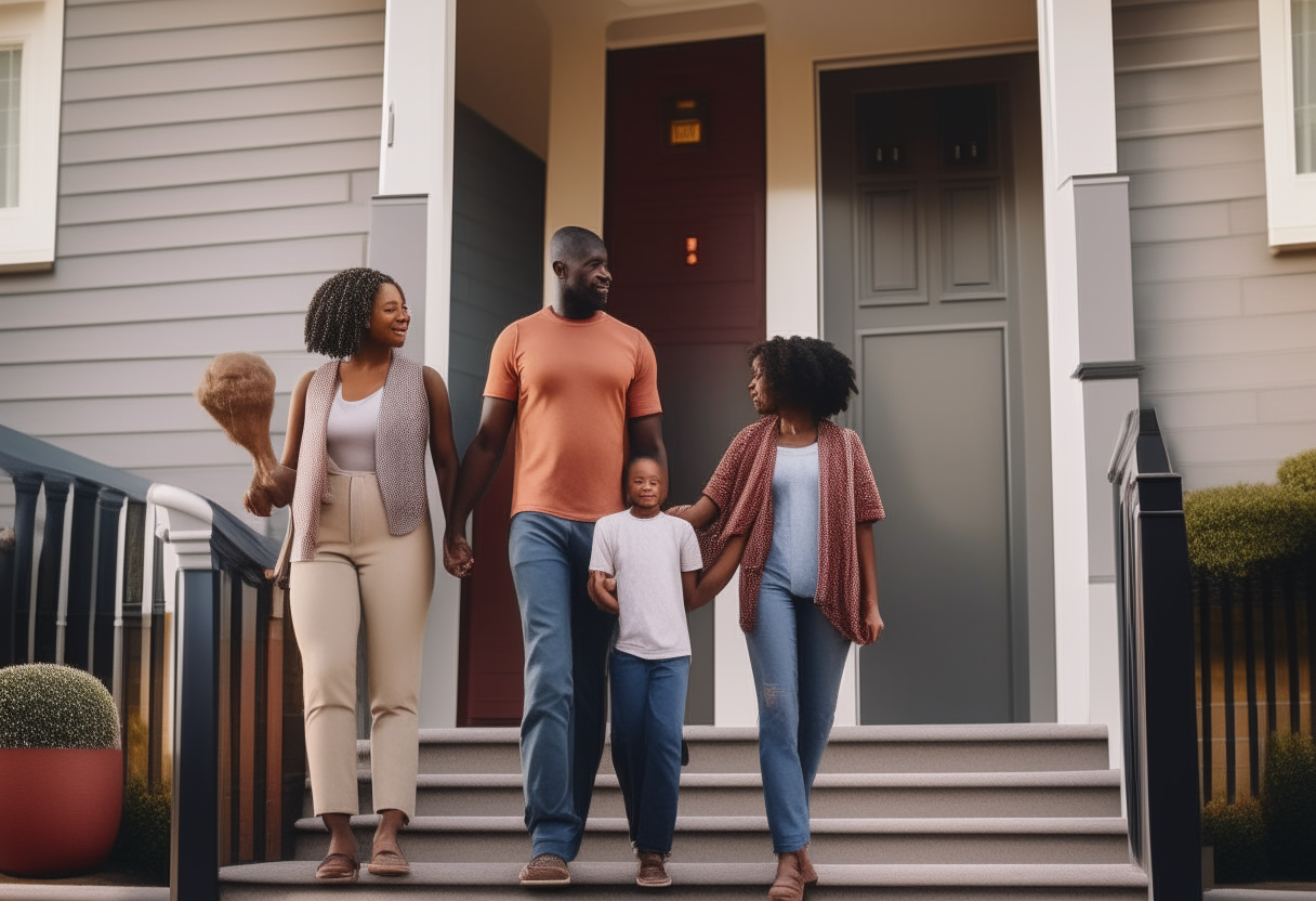 an African American family of four holding hands and walking into the front door of their newly purchased two story house, photo