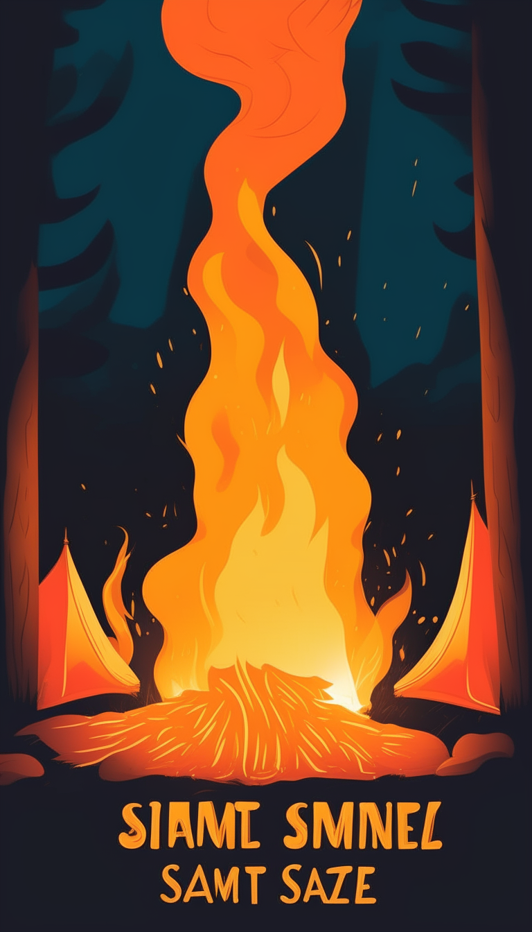 a poster with a campfire that has large, flickering flames