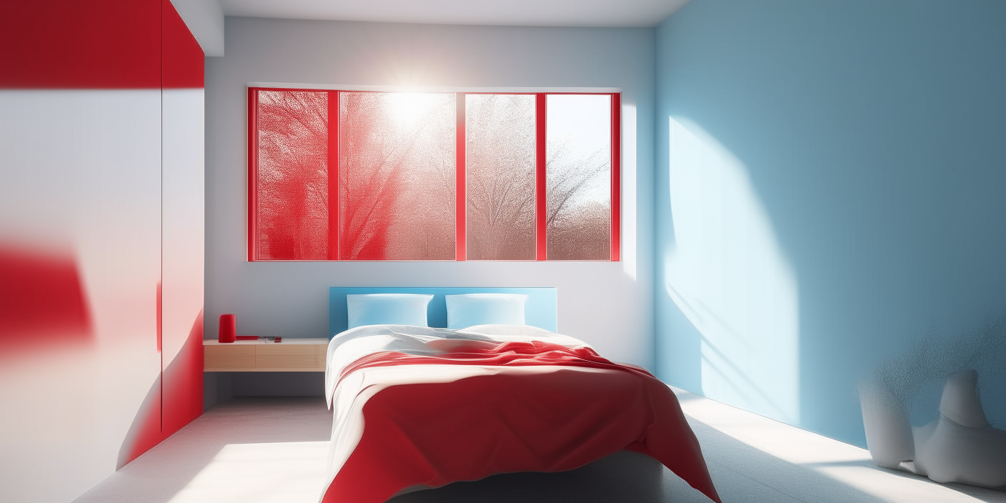 A light blue and red minimalist bedroom with clean lines, natural materials and sunlight streaming through a window