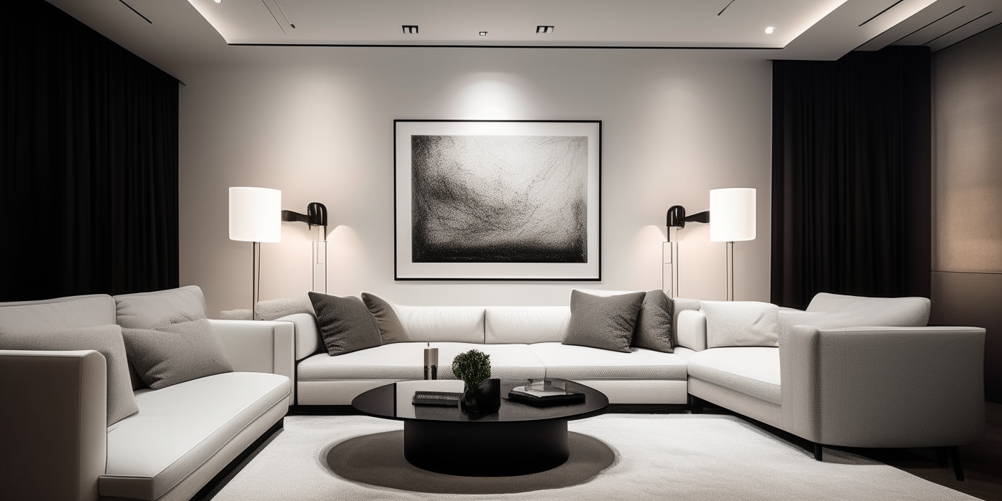 A monochromatic living room featuring a white couch under recessed lighting and an artwork on the wall