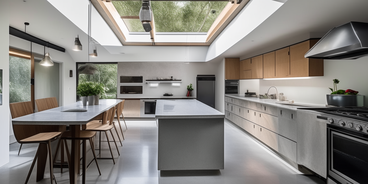 A open plan kitchen and dining area with polished concrete floors and an island illuminated by skylights