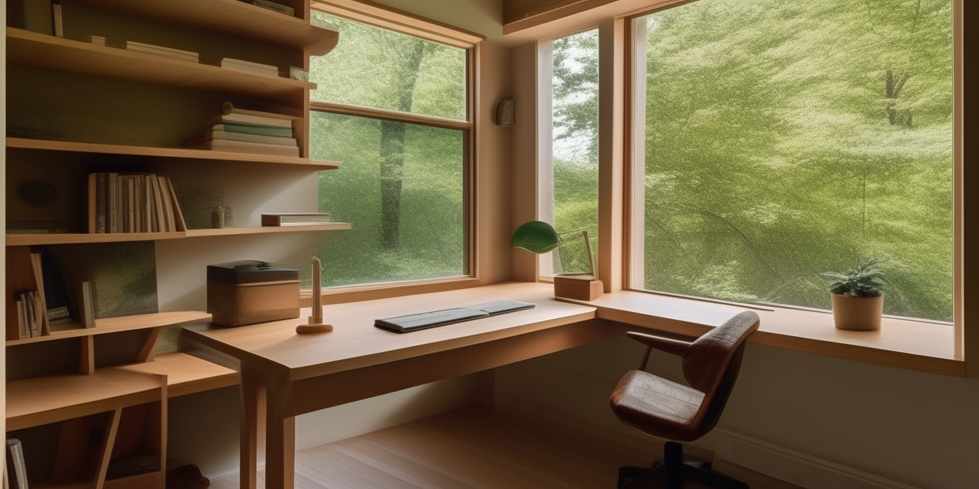 A study featuring wooden shelves, a desk and a chair beside a window overlooking trees