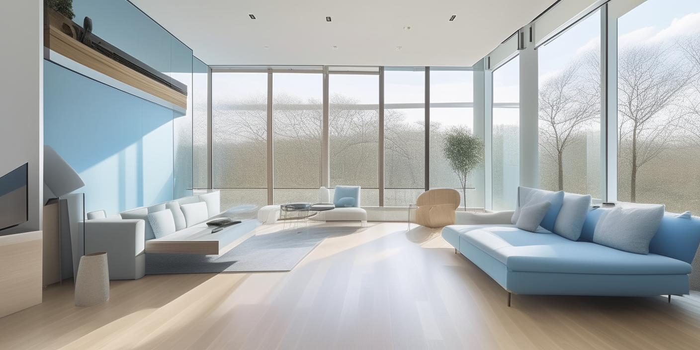 A spacious living area with light hardwood floors, white walls and a feature wall in light blue. Floor-to-ceiling windows fill the space with natural light.