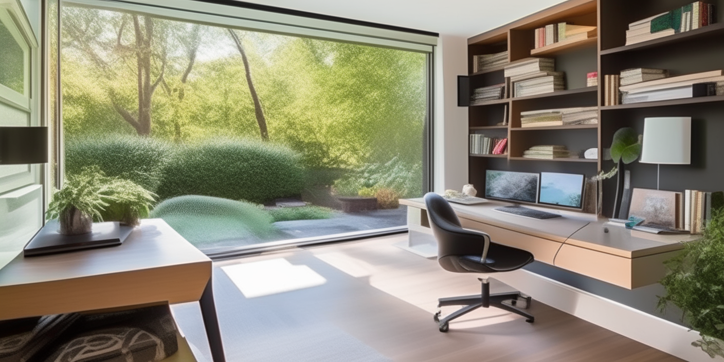 A home office features a desk, bookshelves and a lounge chair. Large format windows overlook a garden through sliding glass doors.