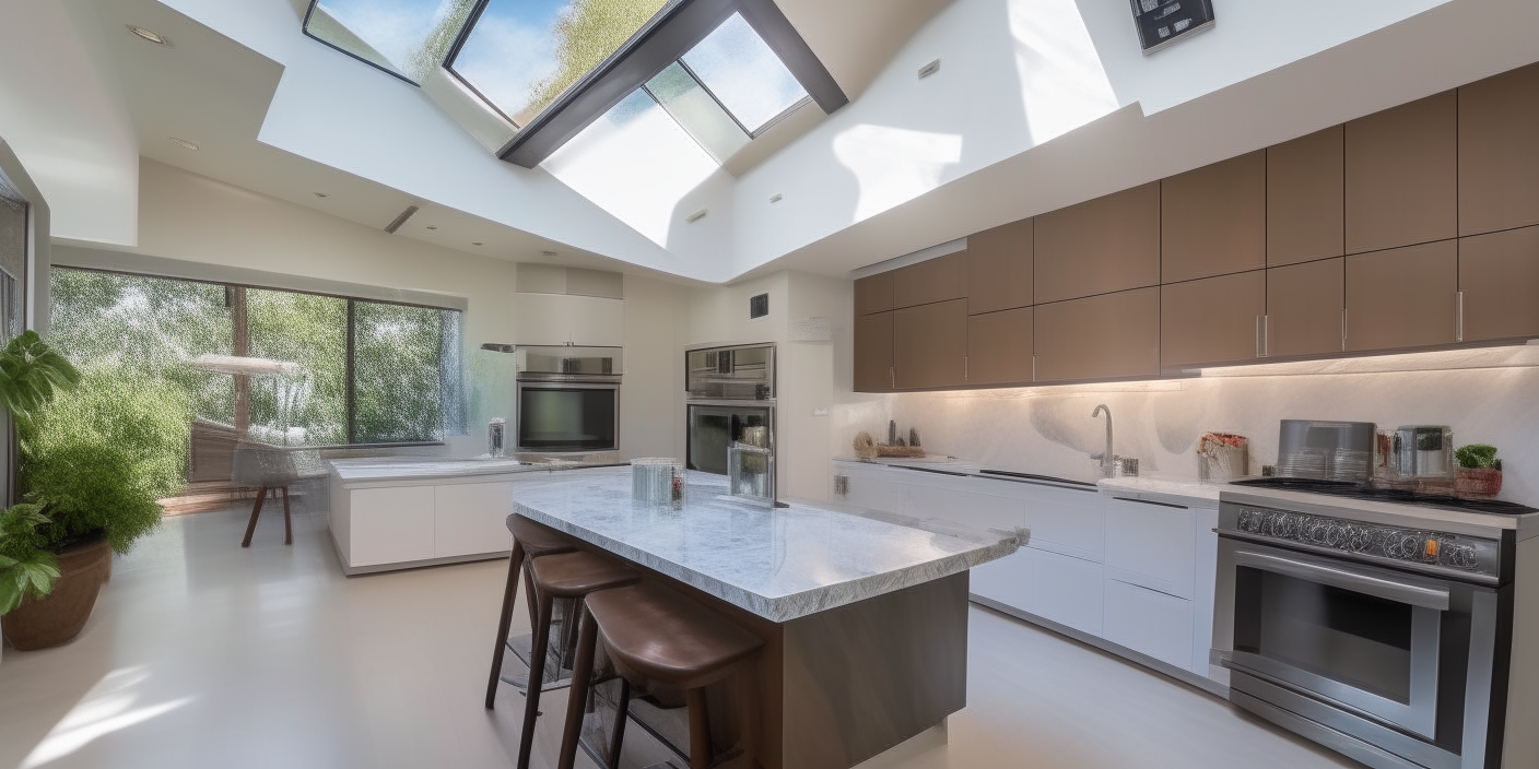 A open plan kitchen with marble countertops, stainless steel appliances and bar stools around an island. Skylights brighten the airy space.