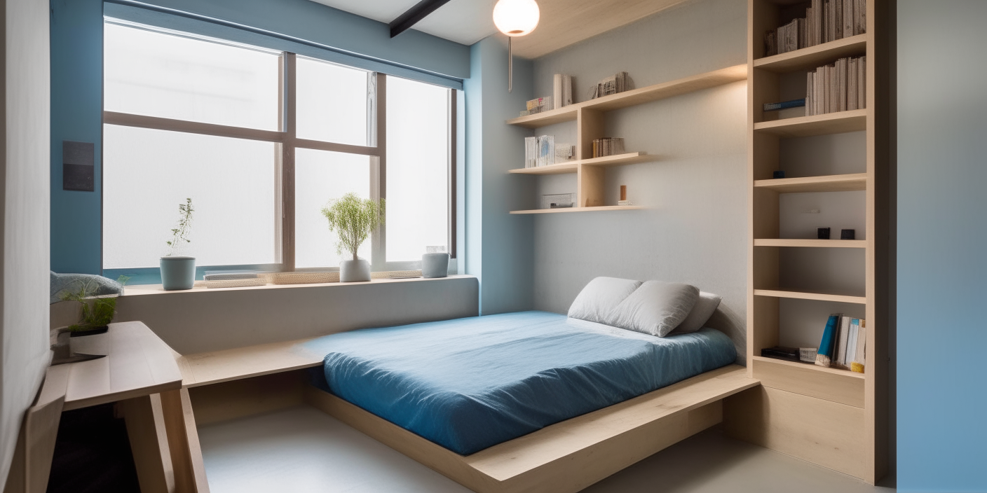 A bedroom with a low platform bed, wooden shelves and a reading nook beside a window. Polished concrete floors and light blue accents create a calm space.