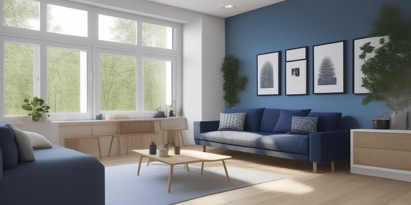 A bright living room with white walls, hardwood floors and a blue accent wall. A large window fills the space with natural light.