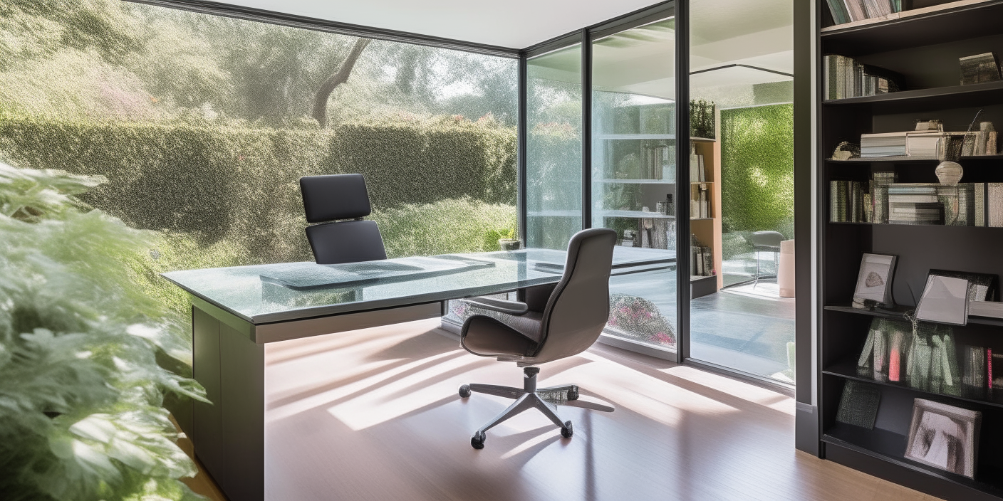 A home office features a glass desk, bookshelves and an armchair. Large windows look out onto a garden through sliding glass doors.