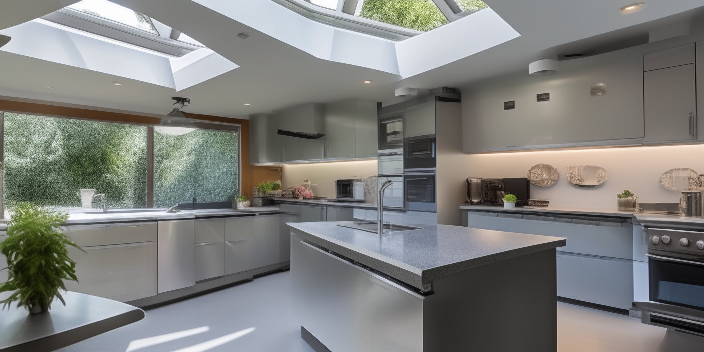 A modern kitchen features polished concrete counters, stainless steel appliances and an island bar. Skylights illuminate the open floor plan.