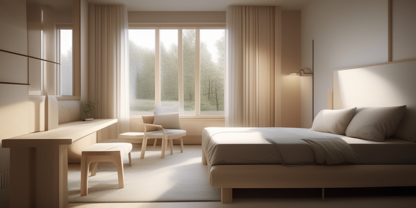 A calming bedroom features light wood furnishings, soft fabrics and a window seat. Indirect lighting creates a restful atmosphere.