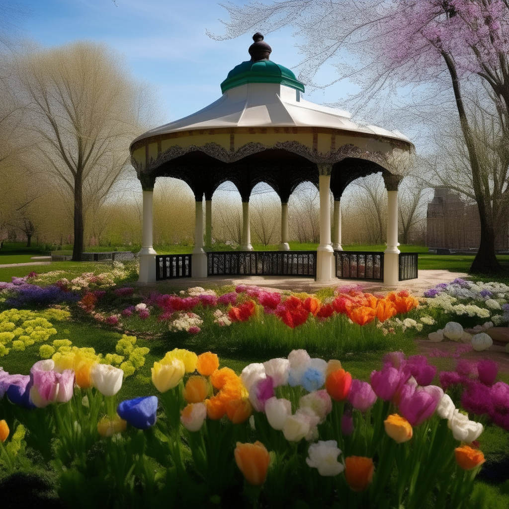 A gazebo surrounded by colorful tulips, daisies and roses in a park on a sunny day