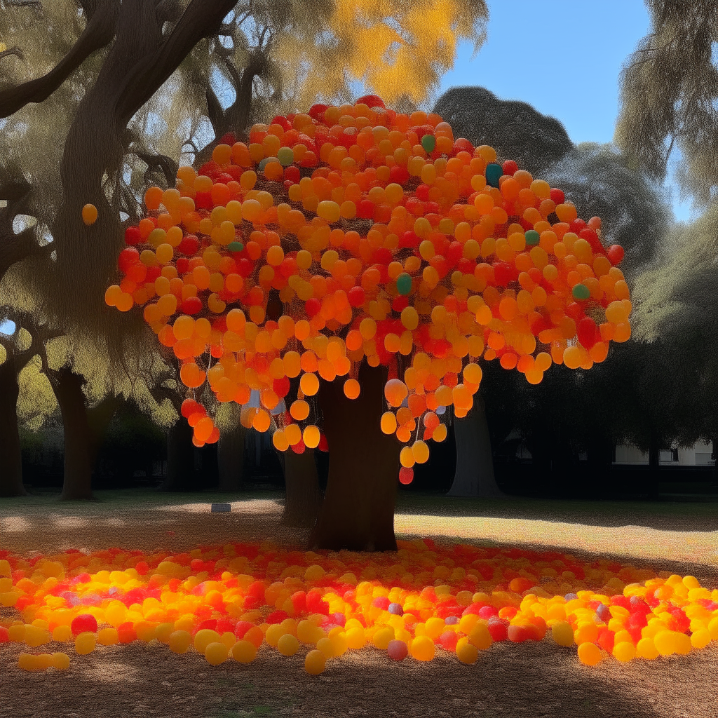 A large oak tree filled with balloons in shades of red, orange and yellow in the center of a park