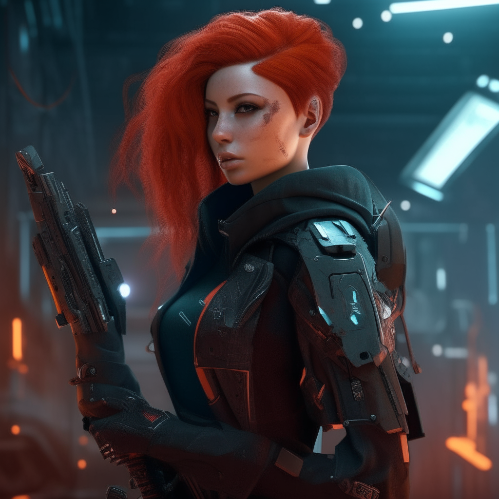 A red-haired girl in a cyberpunk setting, with futuristic armor and weapons resembling the style of the Arcane TV series