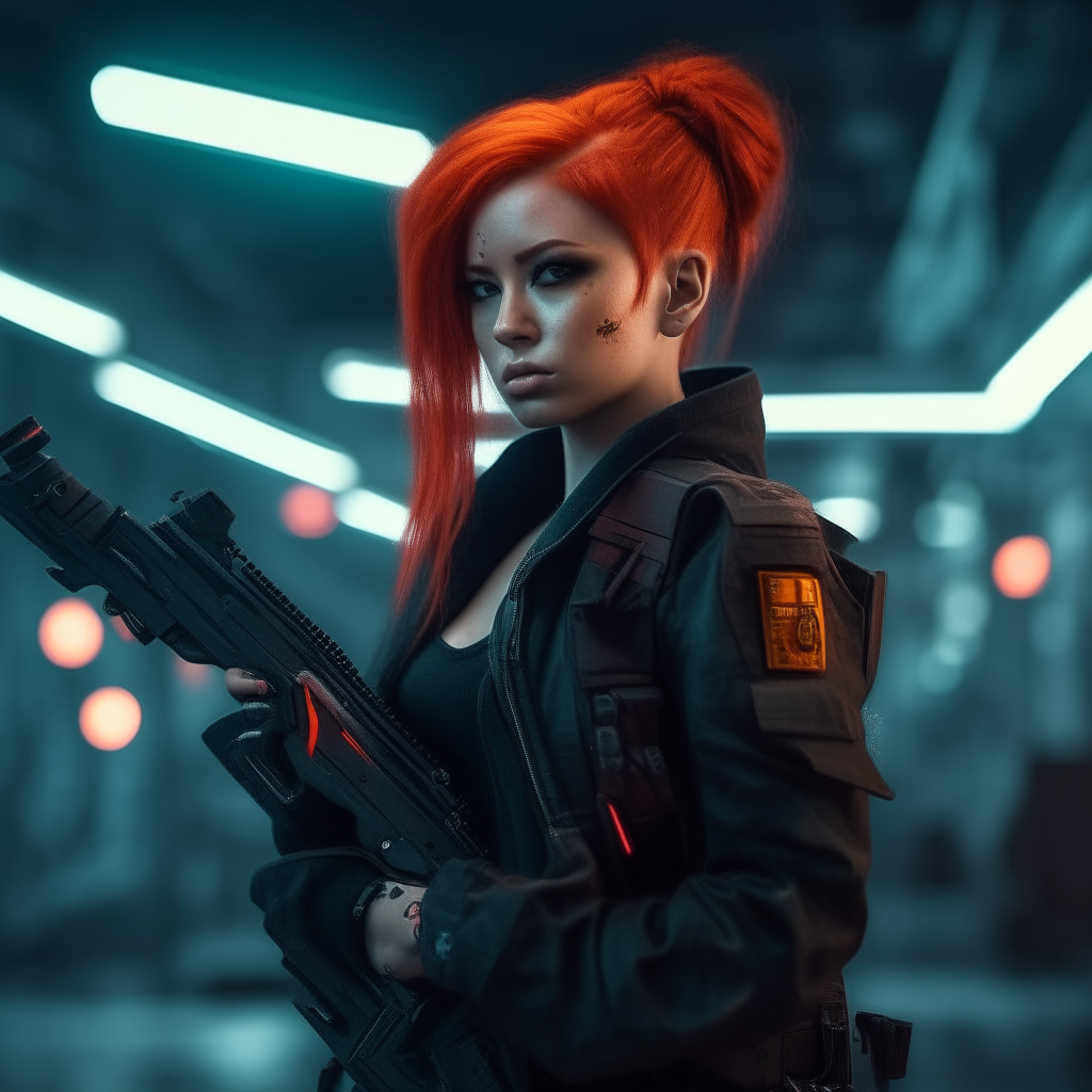 A red-haired girl in a cyberpunk setting, posing with a futuristic rifle resembling the style of the Arcane TV series