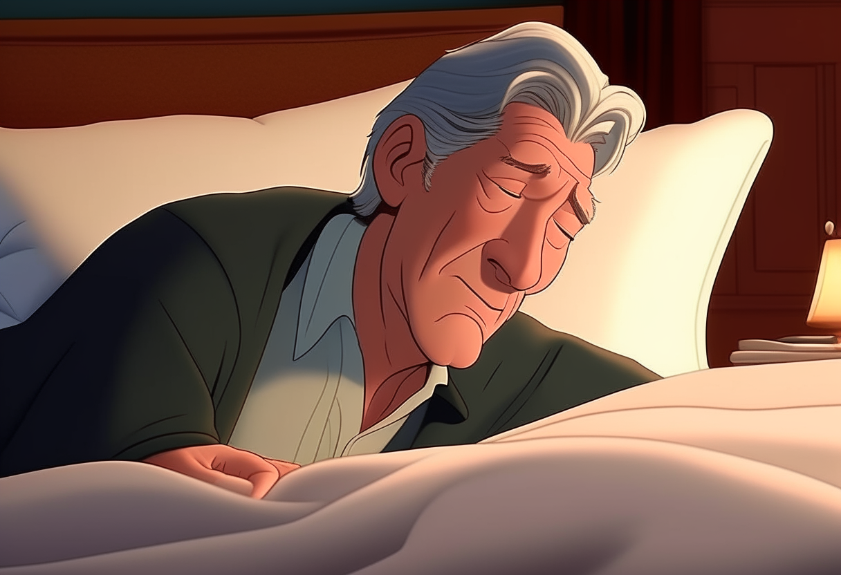 Walt Disney style cartoon - man Richard Gere sleeping in bed, high resolution cartoon in HD quality