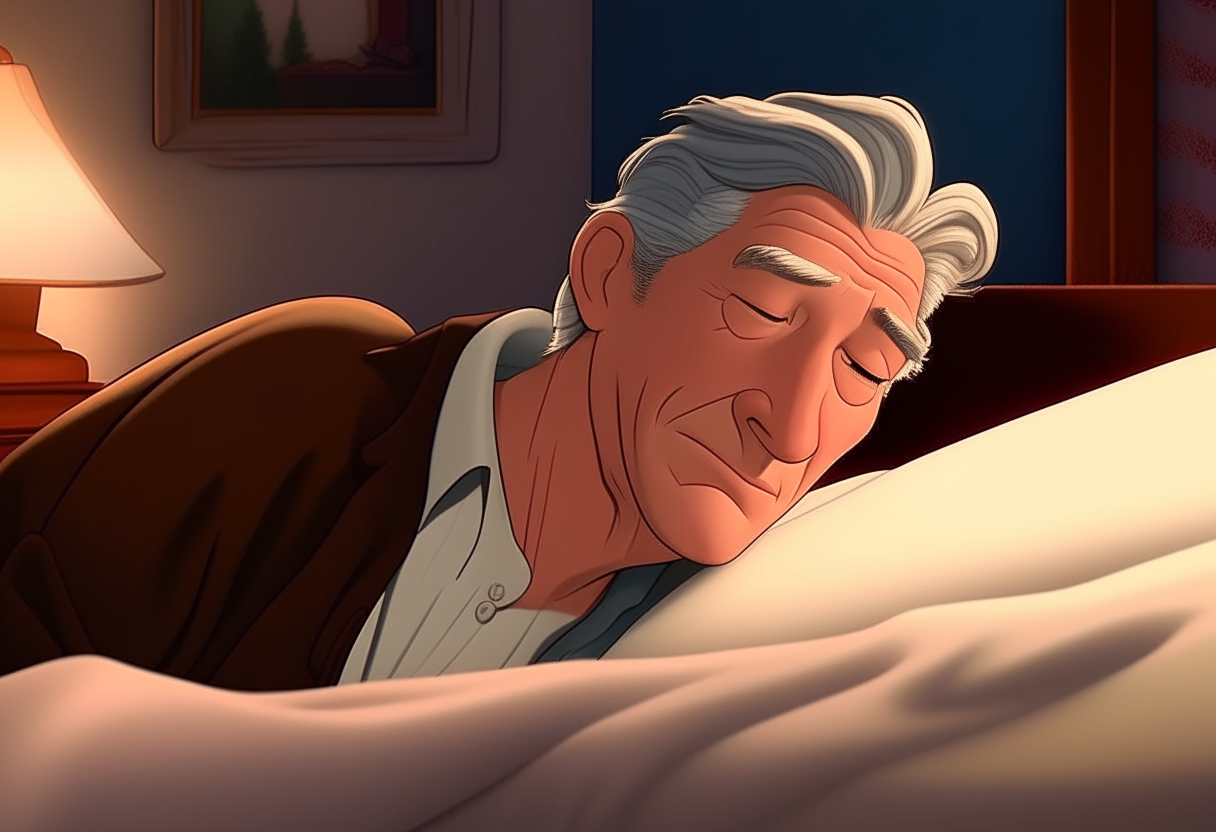 Walt Disney style cartoon - man Richard Gere sleeping in bed, high resolution cartoon in HD quality