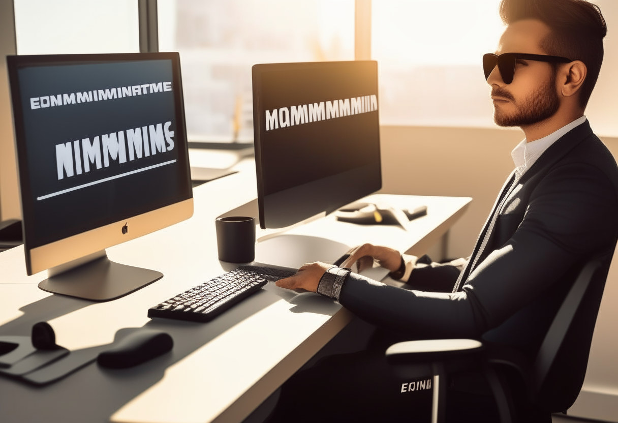 A business man sit at his office working on a computer wearing sport apparels and sunglasses... The name of is business is Momentum e-commerce.
