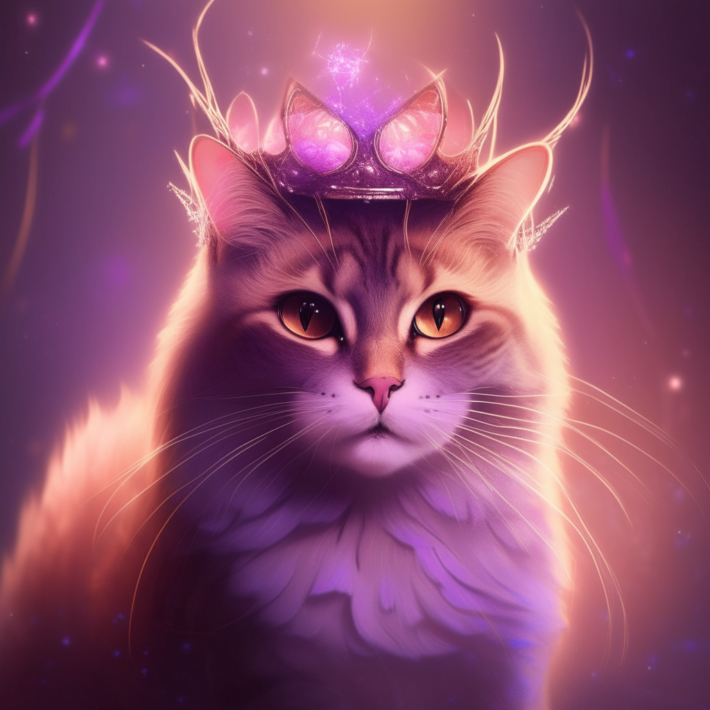 a magical cat wearing a crown, surrounded by flowing ribbons of light in purple and pink