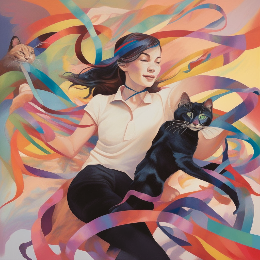 a playful woman and cat floating amidst ribbons of color