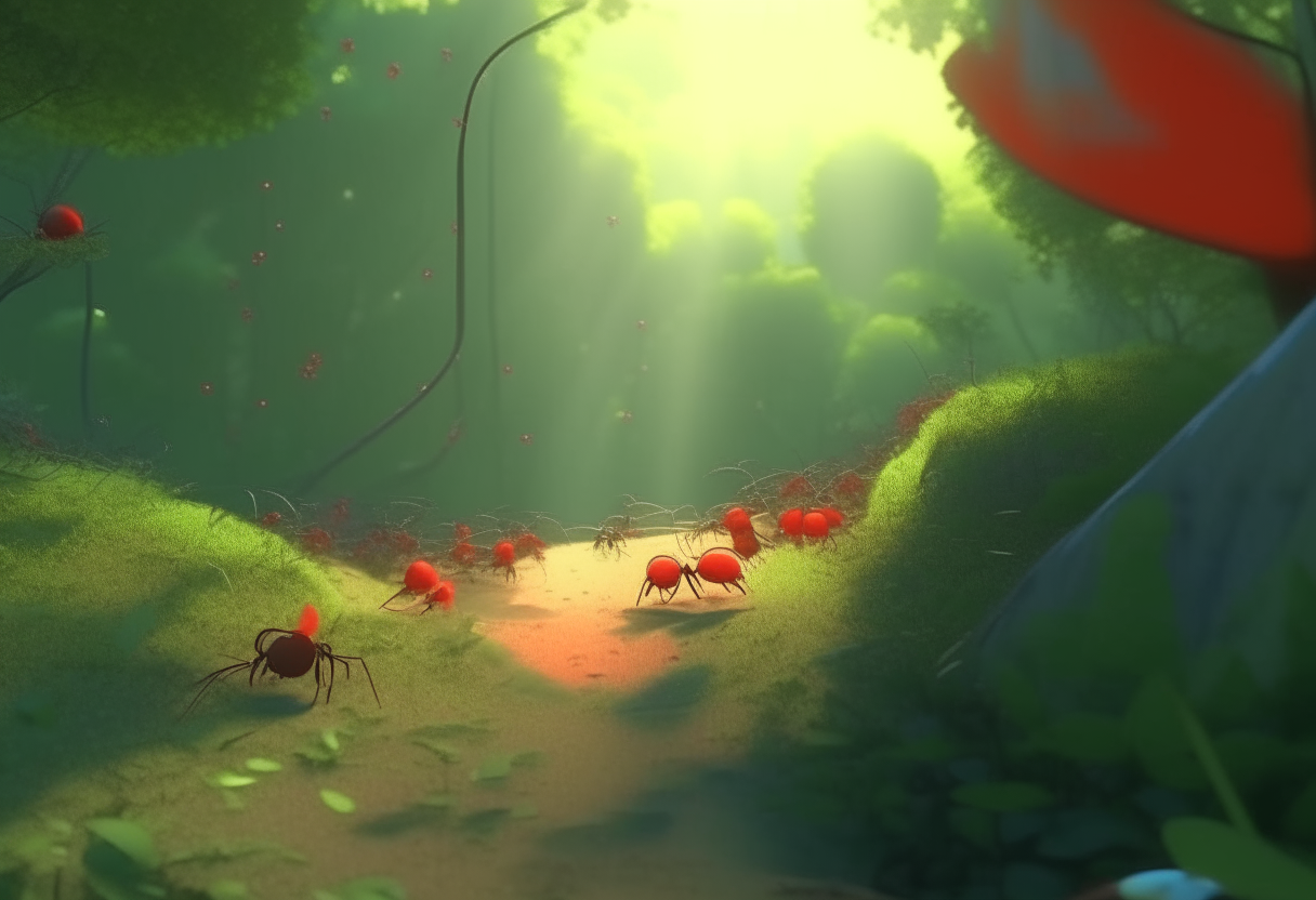 In a lush forest, there lived a colony of ants full of diligence.in anime,cartoon effect,lighting is smooth,3D animation