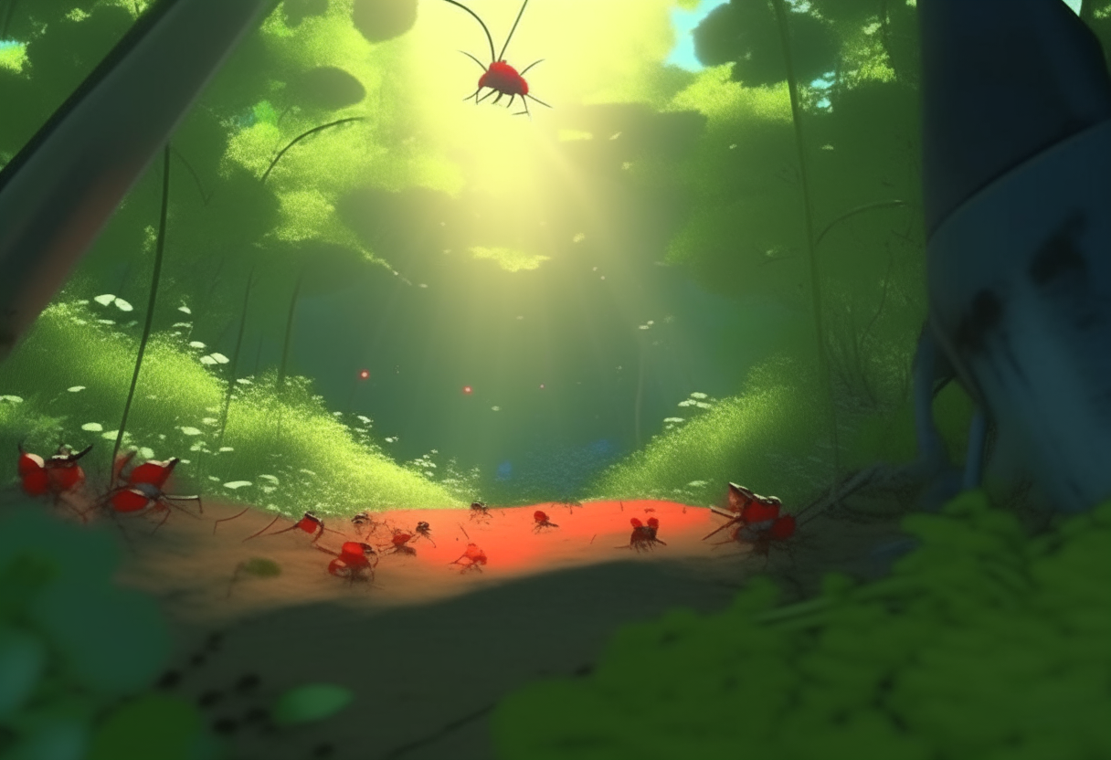 In a lush forest, there lived a colony of ants full of diligence.in anime,cartoon effect,lighting is smooth,3D animation