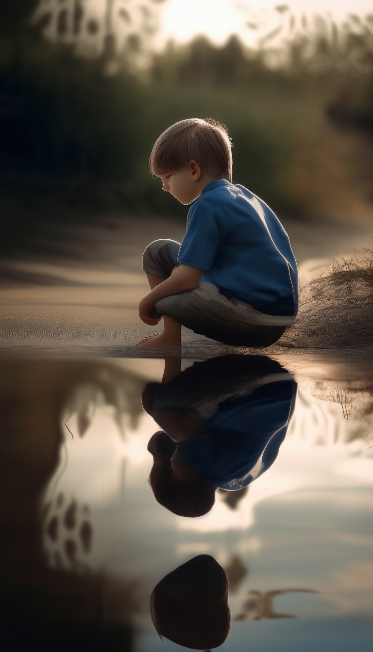 A young boy kneeling by the shore, gazing into still water. His reflection shows an adult version of himself.
