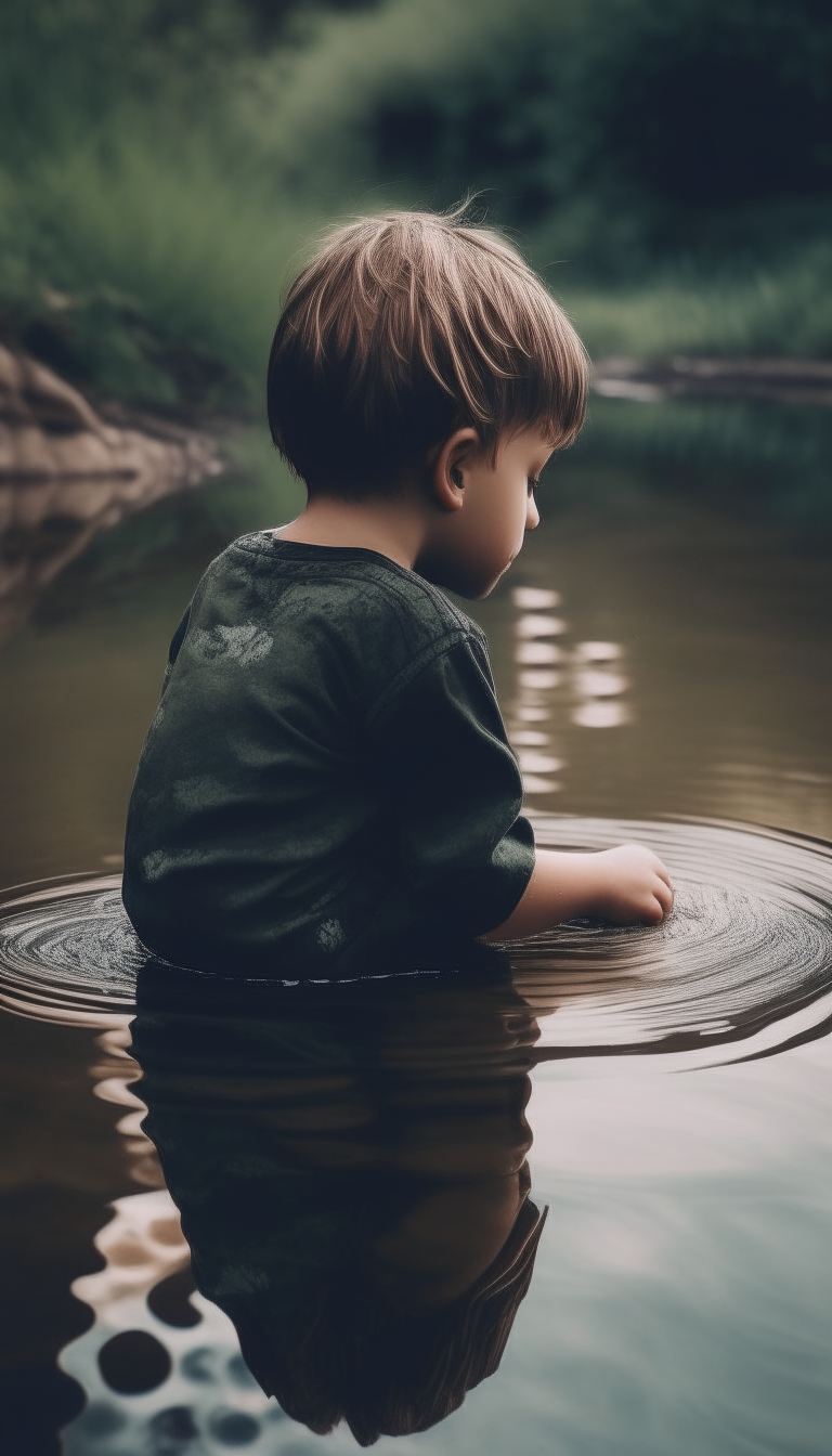 A child sits at the edge of a pond, looking down at the rippling surface. Through the moving water, he sees his future self looking back.
